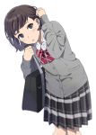  1girl bag black_eyes blurry blush bow brown_hair depth_of_field mattaku_mousuke original plaid plaid_skirt school_bag school_uniform short_hair skirt solo sweater white_background 