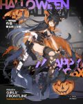  1girl alternate_costume alternate_hairstyle bangs belt black_footwear black_gloves black_hair black_leotard boots breasts bren_(girls_frontline) candy cape character_name cleavage copyright_name cross-laced_footwear damaged earrings eyebrows_visible_through_hair floating food full_body girls_frontline gloves grey_hair gun haijin hair_between_eyes hair_ribbon half_gloves hat high_heel_boots high_heels holding holding_gun holding_weapon jewelry lace-up_boots large_breasts leotard light_machine_gun logo lollipop long_hair multicolored_hair official_art one_eye_closed open_mouth pouch pumpkin red_eyes ribbon sidelocks slit_pupils star strap thigh-highs thigh_strap thighs torn_cape torn_clothes torn_leotard tress_ribbon trigger_discipline underbust watermark weapon witch_hat wrist_straps 
