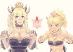  2girls abs artoria_pendragon_(all) artoria_pendragon_(lancer_alter) blonde_hair blue_eyes bowsette bowsette_jr. breasts claw_pose claws collar command_spell fate/grand_order fate_(series) horns kensaint large_breasts medium_breasts mordred_(fate) mordred_(fate)_(all) multiple_girls open_mouth paws pointy_ears scarf studded_collar super_crown 
