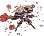  1girl bandaid bandaid_on_face bangs black_footwear blonde_hair boots brown_eyes curly_hair feathers flower full_body granblue_fantasy hat holding holding_sword holding_weapon knee_boots leg_up long_coat long_hair long_sleeves looking_at_viewer minaba_hideo miniskirt monica_weisswind official_art parted_lips petals pleated_skirt rose rose_petals sheath skirt smile solo sword thigh-highs thorns transparent_background twintails weapon wide_sleeves 