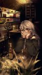  1girl akaya_(akayakazu) blurry_foreground bottle brown_eyes chin_rest elbows_on_table highres indoors iron_saga lights long_hair looking_at_viewer menu microphone plant potted_plant silver_hair sitting solo table windsor_(iron_saga) wine_bottle 