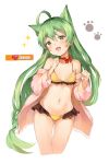  1girl :3 ahoge akashi_(azur_lane) alternate_costume animal_ears azur_lane bangs bell bikini blush bow breasts broche_(timpet) cat_ears collarbone eyebrows_visible_through_hair frilled_bikini frills green_hair groin hair_between_eyes hair_bow hair_ornament hands_up highres jacket long_hair looking_at_viewer navel neck_bell neck_ribbon off_shoulder open_clothes open_jacket open_mouth paw_print ribbon sidelocks simple_background small_breasts smile solo sparkle stomach swimsuit very_long_hair white_background yellow_bikini yellow_eyes 