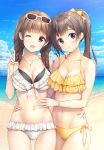  2girls ;d beach bikini blue_eyes bow bracelet braid breasts cleavage clouds collarbone commentary cowboy_shot cross cross_necklace eyewear_on_head frilled_bikini frills hair_bow hand_on_another&#039;s_hip hand_on_another&#039;s_stomach highres jewelry large_breasts medium_breasts multiple_girls navel necklace one_eye_closed open_mouth original pasdar ponytail side-by-side sky smile sunglasses swimsuit twin_braids v violet_eyes water white_bikini yellow_bikini yellow_bow 