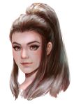  1girl absurdres brigitte_(overwatch) brown_eyes brown_hair eyebrows eyelashes face freckles high_ponytail highres jess_(jess4400) lips long_hair looking_at_viewer nose overwatch ponytail portrait realistic sidelocks solo white_background 
