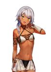  1girl absurdres arm_warmers blush bodypaint breasts commentary_request criss-cross_halter dark_elf dark_skin elf fang halter_top halterneck highres konbu_wakame looking_at_viewer low_twintails navel original pointy_ears silver_hair simple_background small_breasts solo swimsuit thigh_gap twintails white_background yellow_eyes 
