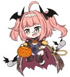  1girl :d ahoge azur_lane bailingxiao_jiu bat_wings black-framed_eyewear black_legwear blue_swimsuit blush brown_cape brown_eyes chibi fangs full_body gloves grey_hairband hairband halloween_basket head_tilt head_wings holding iron_cross long_hair long_sleeves monocle one-piece_swimsuit open_mouth orange_gloves pink_hair simple_background smile solo swimsuit thigh-highs torpedo two_side_up u-81_(azur_lane) white_background wings 