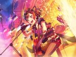 1girl bang_dream! black_gloves black_hair blush cloud guitar holding_instrument looking_at_viewer microphone microphone_stand mitake_ran official_art red-eyes shirt short_hair smile solo sparkle stage_lights sunset