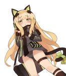  1girl animal_ears black_gloves blonde_hair blush bow cat_ears cat_tail commentary_request eyebrows_visible_through_hair from_below girls_frontline gloves gluteal_fold headphones itsuki_tasuku jacket long_hair looking_at_viewer simple_background solo tail tail_bow thigh_strap tmp_(girls_frontline) very_long_hair white_background yellow_eyes 