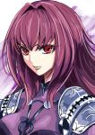  1girl fate/grand_order fate_(series) long_hair looking_at_viewer parted_lips portrait purple_hair red_eyes scathach_(fate)_(all) scathach_(fate/grand_order) shiny shiny_hair shoulder_armor solo spaulders tsukikage_oyama 