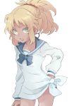  1girl arm_at_side bangs blonde_hair blue_bow blue_sailor_collar bow braid collarbone cowboy_shot eyebrows_visible_through_hair fate/grand_order fate_(series) green_eyes hair_ornament hair_scrunchie hand_on_hip kidhukaji looking_at_viewer mordred_(fate)_(all) mordred_(swimsuit_rider)_(fate) open_mouth ponytail red_scrunchie sailor_collar scrunchie shirt sidelocks simple_background solo tan tied_shirt v-shaped_eyebrows white_background white_shirt 