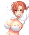  1girl absurdres arms_behind_head bangs blush boudica_(fate/grand_order) breasts cleavage closed_mouth fate/grand_order fate_(series) frown green_eyes highres huge_breasts navel o-ring parted_bangs raised_eyebrows redhead sarfata short_hair shrug simple_background solo sweat upper_body white_background 