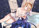  1girl bangs bare_shoulders blonde_hair blue_eyes breasts cleavage closed_mouth collarbone commentary_request dress europa_(granblue_fantasy) flower granblue_fantasy hair_between_eyes hair_flower hair_ornament highres hinahino large_breasts looking_at_viewer pillar short_hair smile solo tiara 