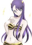  1girl animal_print arm_behind_back bra breasts cleavage collarbone cosplay floating_hair head_tilt heartcatch_precure! long_hair looking_at_viewer lum lum_(cosplay) medium_breasts navel precure purple_hair smile solo strapless strapless_bra tiger_print tsukikage_oyama tsukikage_yuri underwear upper_body urusei_yatsura very_long_hair violet_eyes white_background 