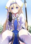 1girl blonde_hair blue_eyes blush boots breasts dress eyebrows_visible_through_hair goblin_slayer! hat highres long_hair looking_at_viewer murata_ryou open_mouth priestess_(goblin_slayer!) small_breasts smile solo thigh-highs thigh_boots very_long_hair 