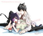  1boy 1girl animal_ears cat_ears choker chrome_dokuro closed_mouth eyepatch fish food fruit hibari_kyouya katekyo_hitman_reborn long_hair looking_at_viewer runesque short_hair skirt socks strawberry tail thigh-highs violet_eyes 