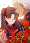  1boy 1girl archer black_shirt closed_eyes couple eyebrows_visible_through_hair fate/stay_night fate_(series) flower parted_lips red_flower red_rose red_shirt rose shirt sketch smile tohsaka_rin twintails upper_body white_background yaoshi_jun 