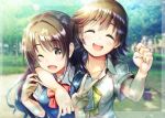  2girls :d blue_vest blurry blurry_background bow bowtie breasts brown_hair cleavage closed_eyes collarbone day head_tilt honda_mio idolmaster idolmaster_cinderella_girls long_hair medium_breasts ment multiple_girls open_mouth outdoors red_bow shimamura_uzuki shiny shiny_hair shirt short_hair short_sleeves smile upper_body vest white_shirt yellow_bow 