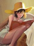 1girl bangs book closed_eyes closed_mouth commentary day dress facing_viewer hair_between_eyes hat knees_up on_chair open_book original roogi_tz sitting sleeveless sleeveless_dress solo straw_hat sunlight white_dress yellow_hat 