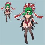  1girl alternate_costume bad_id bad_twitter_id boots bow breasts cleavage commentary corset front_ponytail full_body garter_straps gloves green_eyes green_hair hair_bow hair_ribbon kagiyama_hina looking_at_viewer navel pixel_art ribbon simple_background smile solo takorin thigh-highs thighs touhou 