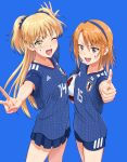  2018_fifa_world_cup 2girls ;d adidas ball blonde_hair blue_background blush brown_eyes clothes_writing eyebrows_visible_through_hair facepaint fang green_eyes hairband highres holding idolmaster idolmaster_cinderella_girls japan japanese_flag jougasaki_rika long_hair looking_at_viewer multiple_girls nigou one_eye_closed open_mouth orange_hair outstretched_arms scrunchie short_sleeves shorts simple_background skirt smile soccer_ball soccer_uniform sportswear standing thumbs_up two_side_up v world_cup yuuki_haru 