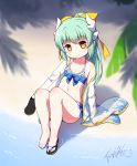  1girl arm_support bangs bare_legs bare_shoulders barefoot beach bikini black_footwear blue_bikini blurry blurry_foreground blush bow brown_eyes closed_mouth collarbone day depth_of_field dragon_horns eyebrows_visible_through_hair fate/grand_order fate_(series) frilled_bikini frills green_hair hair_between_eyes hair_bow hair_ribbon head_tilt highres holding holding_shoes horns japanese_clothes kimono kiyohime_(fate/grand_order) kiyohime_(swimsuit_lancer)_(fate) langbazi long_sleeves looking_at_viewer navel off_shoulder open_clothes open_kimono outdoors palm_tree ponytail ribbon sand sandals see-through shoes signature single_sandal sitting smile solo swimsuit tree water white_kimono wide_sleeves yellow_bow yellow_ribbon younger 