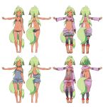 1girl ahoge animal_ears ass blush brown_eyes character_sheet closed_mouth collar dark_skin dog_ears dog_tail done_(donezumi) expressionless flat_chest green_hair highres long_hair looking_at_viewer navel original short_hair short_ponytail simple_background tail twintails white_background 