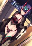  1girl ankle_ribbon barefoot_sandals black_coat black_legwear blurry bob_cut breasts coat collarbone commentary_request cowboy_shot crop_top depth_of_field dutch_angle eyebrows_visible_through_hair eyeshadow fangs fate/grand_order fate_(series) groin hair_ornament headpiece highres horns indoors lips looking_at_viewer makeup medium_breasts midriff navel oni oni_horns open_clothes open_coat open_door pale_skin parted_lips purple_hair revealing_clothes ribbon satou_daiji short_eyebrows short_hair shuten_douji_(fate/grand_order) stomach thigh-highs thighs tile_floor tiles violet_eyes 