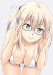  1girl alternate_costume aqua_eyes bikini blonde_hair blush breasts closed_mouth eyebrows_visible_through_hair fuuma_nagi glasses graf_zeppelin_(kantai_collection) grey_background hair_between_eyes kantai_collection large_breasts long_hair looking_at_viewer side_ponytail simple_background smile solo swimsuit 