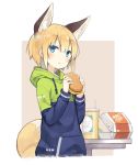  1girl :t animal_ears bangs blonde_hair blue_eyes blush commentary_request cup disposable_cup drinking_straw eating extra_ears eyebrows_visible_through_hair fast_food food fox_ears fox_tail hair_between_eyes hamburger holding holding_food hood hood_down hoodie long_sleeves looking_at_viewer original pocket poco_(asahi_age) shiratama_kitsune short_hair solo tail two-tone_background upper_body 
