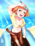  10s 1girl :d bangs beach blue_sky blunt_bangs breasts breasts_apart collarbone commentary crop_top day downblouse english_commentary fisheye groin half-closed_eyes highres holding holding_wrench horizon koyama_mai looking_at_viewer love_live! love_live!_sunshine!! medium_breasts midriff navel no_bra ocean official_style open_mouth orange_hair outdoors puffy_short_sleeves puffy_sleeves ribs sagging_breasts shirt short_hair short_sleeves sky smile solo stomach sunrise_(company) takami_chika very_short_hair wrench yellow_eyes yellow_shirt 