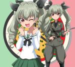  1girl ;d anchovy anzio_military_uniform anzio_school_uniform black_bow black_neckwear black_shirt bow brown_eyes brown_jacket brown_pants drill_hair eyebrows_visible_through_hair girls_und_panzer green_hair hair_between_eyes hair_bow hanzou holding_whip jacket long_hair long_sleeves looking_at_viewer miniskirt necktie one_eye_closed open_mouth pants pleated_skirt sailor_collar shiny shiny_hair shirt skirt smile standing twin_drills twintails white_shirt 