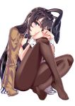  1girl animal_ears black_hair black_legwear black_leotard blazer bow bowtie brown_jacket brown_legwear bunny_girl bunnysuit clothes_on_shoulders detached_collar full_body gatari highres jacket leotard long_hair looking_at_viewer pantyhose rabbit_ears sakurajima_mai seishun_buta_yarou simple_background sitting soles solo strapless strapless_leotard violet_eyes white_background wrist_cuffs 