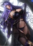  1girl adapted_costume artist_name black_legwear breasts camilla_(fire_emblem_if) fire_emblem fire_emblem_if gloves hair_over_one_eye hand_in_hair holding holding_weapon large_breasts limgae long_hair navel nintendo panties parted_lips patreon_username purple_gloves purple_hair solo stomach strap thigh-highs tiara underwear very_long_hair watermark wavy_hair weapon web_address window 