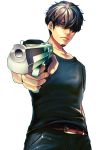  1boy asahi_man&#039;you belt black_pants black_shirt brown_eyes brown_hair character_request copyright_request facial_hair goatee gun hair_over_one_eye holding holding_gun holding_weapon male_focus official_art pants shirt solo t-shirt weapon white_background 