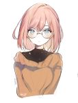  1girl bangs blush bob_cut brown_sweater closed_mouth commentary copyright_request expressionless glasses light_frown long_sleeves looking_at_viewer lpip off-shoulder_sweater round_eyewear short_hair solo sweater symbol_commentary turtleneck v_arms 