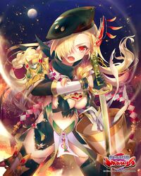  1girl :o black_gloves black_hat black_legwear blonde_hair braid breasts copyright_name dual_wielding gloves hair_over_one_eyes hat holding katana lance long_hair matataki medium_breasts night night_sky official_art outdoors polearm red_eyes sengoku_bushouki_muramasa sky solo standing sword watermark weapon 