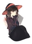  1girl bangs black_hat commentary commentary_request copyright_request drawstring hat hood hood_down knees_up long_hair long_sleeves looking_at_viewer lpip sitting solo symbol_commentary witch_hat 