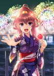  1girl :d ahoge alternate_costume alternate_hairstyle breasts bridge brown_hair double_bun eyebrows_visible_through_hair fireworks headgear highres holding_candy japanese_clothes kantai_collection kimono kongou_(kantai_collection) large_breasts long_hair looking_at_viewer miyazaki_yukichi night open_mouth outstretched_arm ponytail purple_kimono smile solo summer violet_eyes yukata 