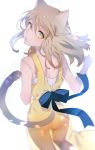  1girl :o absurdres animal_ears arutera blush bow brown_hair camisole cat_ears cat_tail dress hair_between_eyes hands_up highres huge_filesize looking_at_viewer looking_back open_mouth original see-through simple_background solo tail white_background yellow_dress yellow_eyes 