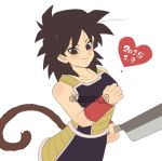  1girl 2015 armor bare_arms bare_shoulders black_eyes black_hair blush clenched_hand dated dragon_ball fingernails gine happy heart holding holding_knife knife looking_away short_hair simple_background smile solo tail upper_body white_background wristband 