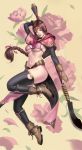  1girl black_legwear boots braided_ponytail breasts brown_hair flower headband holding holding_weapon naginata pelvic_curtain phamoz polearm seong_mi-na solo soul_calibur soulcalibur_vi thigh-highs weapon 