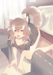  1girl :d :p absurdres all_fours animal_ears artist_name asano_(asamusuko) bangs barefoot bed black_shirt blush bottomless breasts brown_eyes brown_hair cleavage curtains eyes_visible_through_hair fang hair_between_eyes highres indoors japanese_wolf_(kemono_friends) kemono_friends long_hair looking_at_viewer medium_breasts multicolored_hair open_mouth shirt short_sleeves smile solo t-shirt tail tongue tongue_out twitter_username two-tone_hair white_hair wolf_ears wolf_tail wooden_floor 