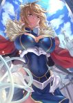  a-na artoria_pendragon_(all) artoria_pendragon_(lancer) bangs blonde_hair braid breasts cape covered_navel crown fate/grand_order fate_(series) french_braid fur-trimmed_cape fur_trim highres large_breasts red_cape sidelocks swept_bangs 