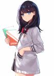  1girl aosaki_yukina bangs black_hair black_skirt blue_eyes bow bowtie breasts closed_mouth hand_in_pocket highres long_hair long_sleeves looking_at_viewer miniskirt notebook pleated_skirt red_bow red_neckwear school_uniform simple_background skirt solo ssss.gridman sweater swept_bangs takarada_rikka thighs white_background white_sweater 