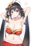  1girl adapted_costume ahoge armpits arms_behind_head azur_lane bangs bare_shoulders bikini black_hair blush breasts cleavage collarbone commentary_request downscaled eyebrows_visible_through_hair groin hair_between_eyes hair_ornament hair_ribbon heart highres huge_breasts large_breasts long_hair looking_at_viewer mask mask_on_head miniskirt navel pleated_skirt red_eyes red_ribbon red_skirt resized ribbon shiny shiny_skin sidelocks simple_background skindentation skirt smile solo stomach striped striped_ribbon swimsuit taihou_(azur_lane) twintails very_long_hair white_background yayoichi_(yoruyoru108) 