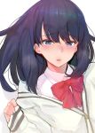  1girl bangs black_hair blue_eyes blush cardigan clothes_pull eyebrows_visible_through_hair half-closed_eyes highres kurowa looking_at_viewer lying nose_blush on_back open_mouth parted_lips school_uniform simple_background sleeves_past_wrists solo ssss.gridman sweater sweater_pull takarada_rikka teeth violet_eyes white_background 