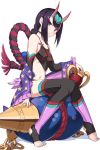  bare_shoulders black_hair detached_sleeves eyeshadow fate/grand_order fate_(series) feet flat_chest gourd hair_ornament horns makeup navel shiseki_hirame shuten_douji_(fate/grand_order) shuten_douji_(halloween)_(fate) simple_background sitting thigh-highs violet_eyes white_background 