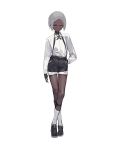  1girl amrkdrw black_choker black_footwear black_gloves black_shorts choker crossed_legs dark_skin fingerless_gloves full_body gloves grey_eyes grey_hair highres legs_crossed long_sleeves original shirt shoes short_hair shorts simple_background sock_garters socks solo standing suspender_shorts suspenders very_dark_skin watson_cross white_background white_legwear white_shirt 