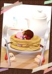  blueberry blush_stickers brown_eyes closed_eyes cup dessert food fork fruit heart highres kirby kirby_(series) knife nintendo pancake plate ponto1588 raspberry reflection strawberry syrup table teacup teapot waddle_dee 