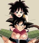  1boy 1girl :d armor arms_around_neck bardock bare_arms bare_shoulders black_eyes black_hair chin_on_head chin_rest dragon_ball frown gine grey_background happy hug hug_from_behind looking_at_another looking_up lowres nervous open_mouth scar serious shaded_face short_hair simple_background smile spiky_hair sweatdrop twitter_username upper_body 